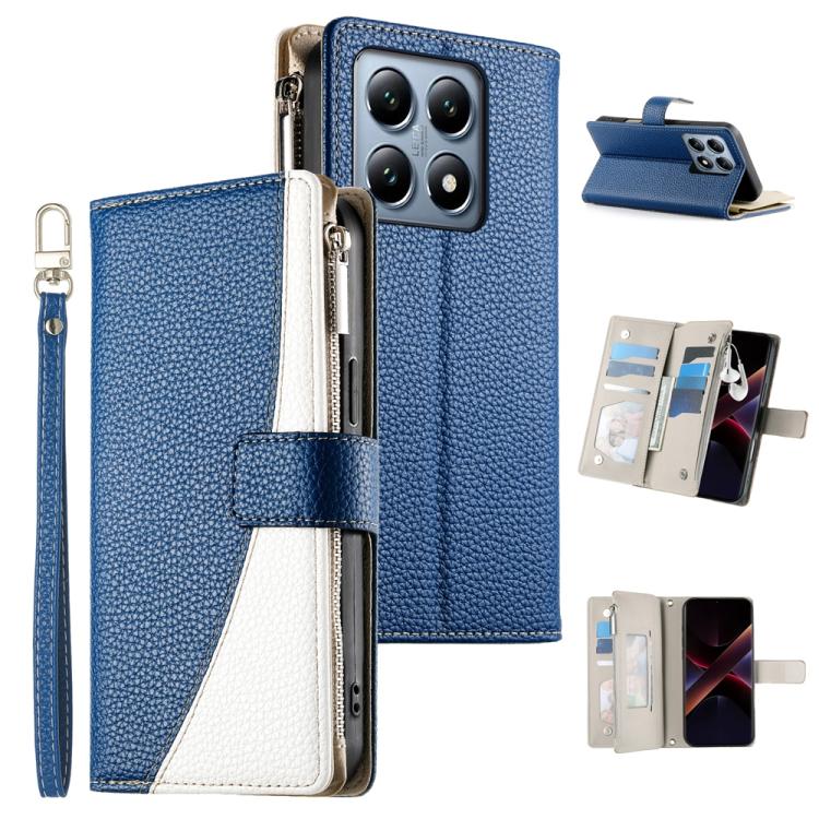 Blue leather-style zipper wallet phone case with card slots and wrist strap.
