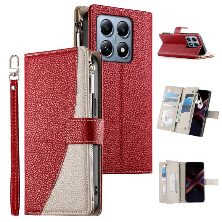 Red leather-style zipper wallet phone case with card slots and wrist strap.