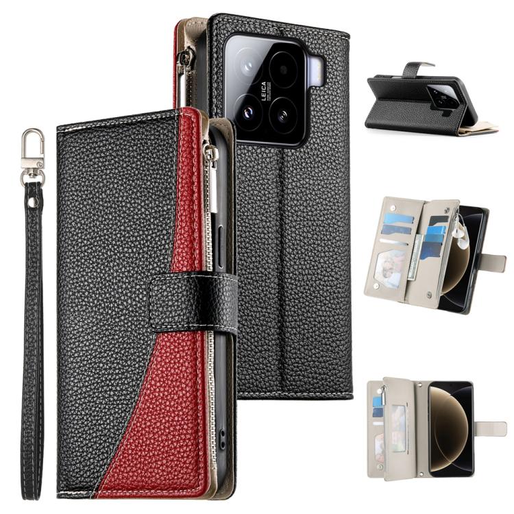 Black textured leather phone wallet case with zipper, card slots, and wrist strap