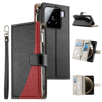Black textured leather phone wallet case with zipper, card slots, and wrist strap