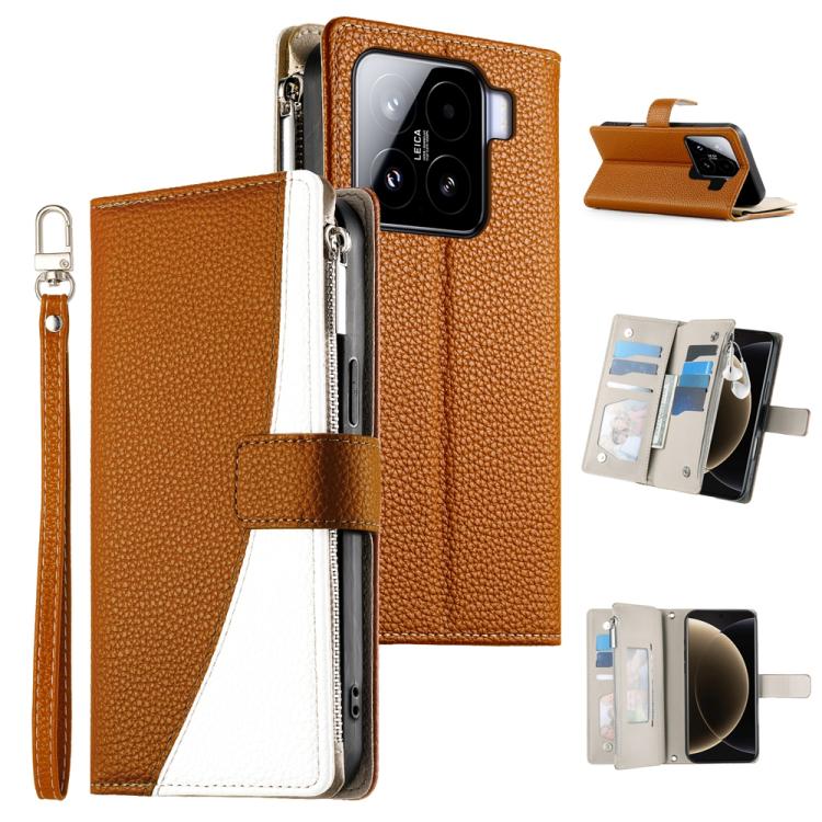 Brown textured leather phone wallet case with zipper, card slots, and wrist strap