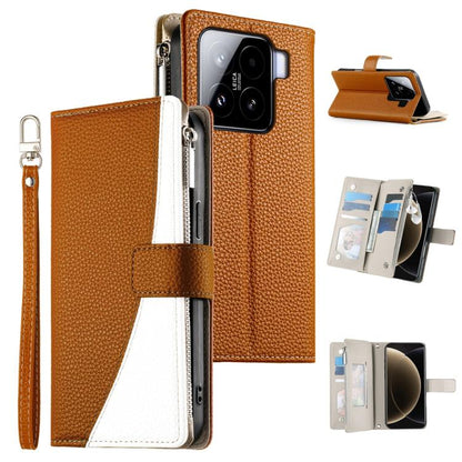 Brown textured leather phone wallet case with zipper, card slots, and wrist strap