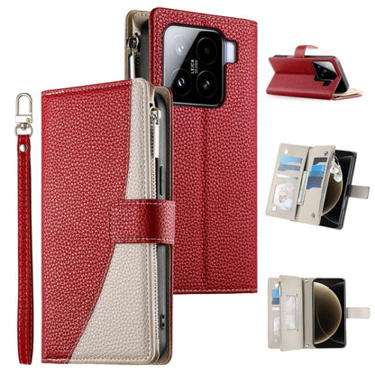 Crimson red textured leather phone wallet case with zipper, card slots, and wrist strap
