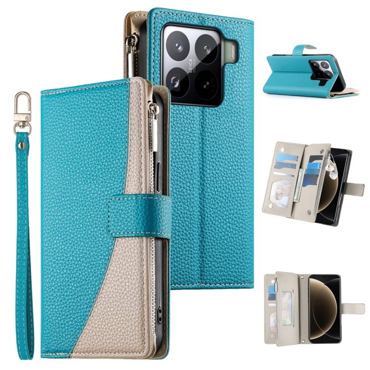 Turquoise leather phone wallet case with zipper, card slots, and short wrist strap.