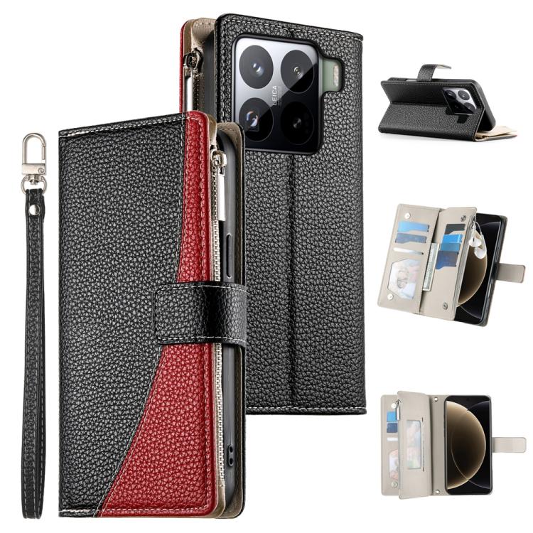 Black leather phone wallet case with zipper, card slots, and short wrist strap.