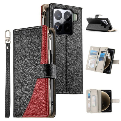 Black leather phone wallet case with zipper, card slots, and short wrist strap.