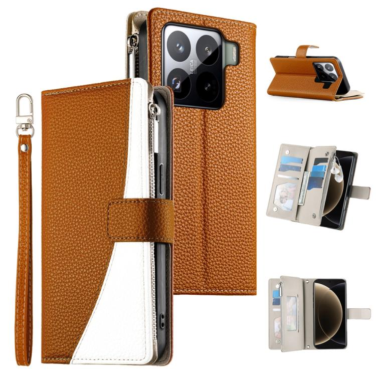 Tan leather phone wallet case with zipper, card slots, and short wrist strap.