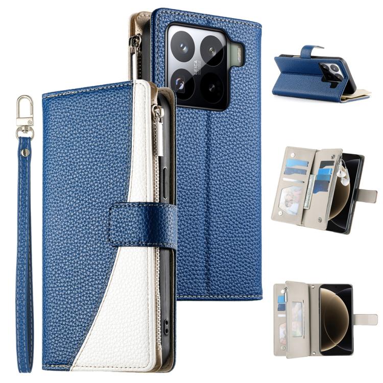 Blue textured leather phone wallet case with zipper, card slots, and wrist strap
