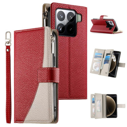 Red textured leather phone wallet case with zipper, card slots, and wrist strap