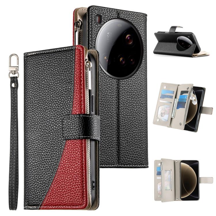 Black leather phone wallet case with zipper, card slots, and short wrist strap.