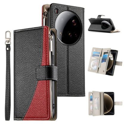 Black leather phone wallet case with zipper, card slots, and short wrist strap.