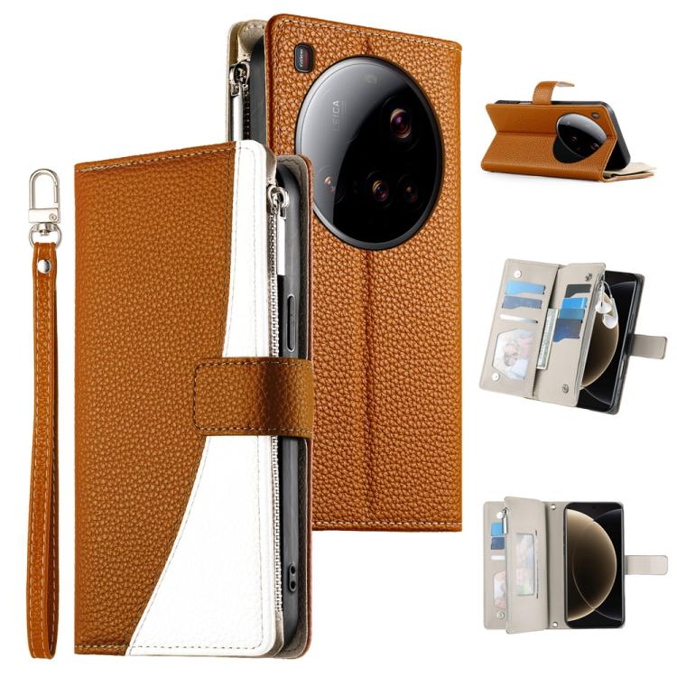 Brown leather phone wallet case with zipper, card slots, and short wrist strap.