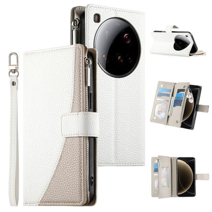 White leather phone wallet case with zipper, card slots, and short wrist strap.