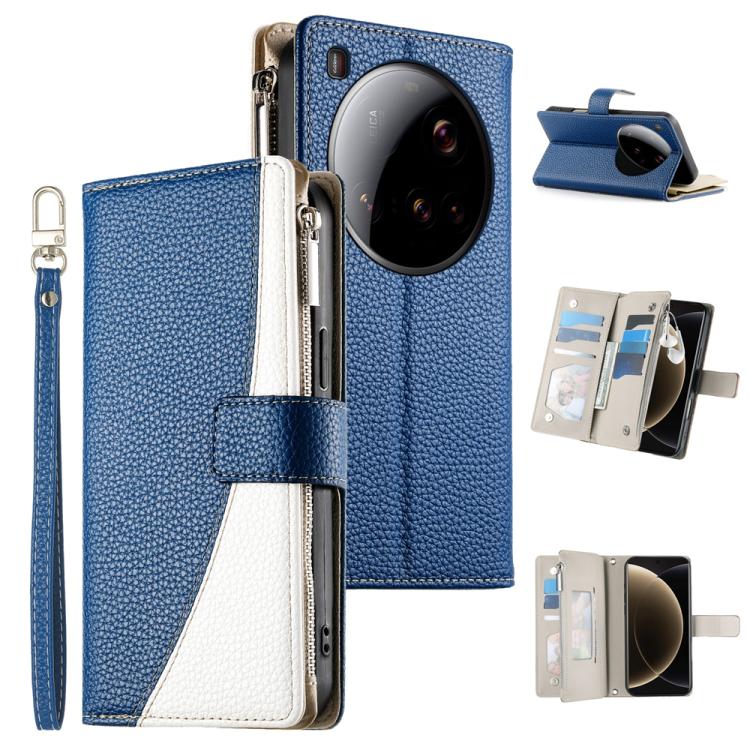 Dark blue leather phone wallet case with zipper, card slots, and short wrist strap.