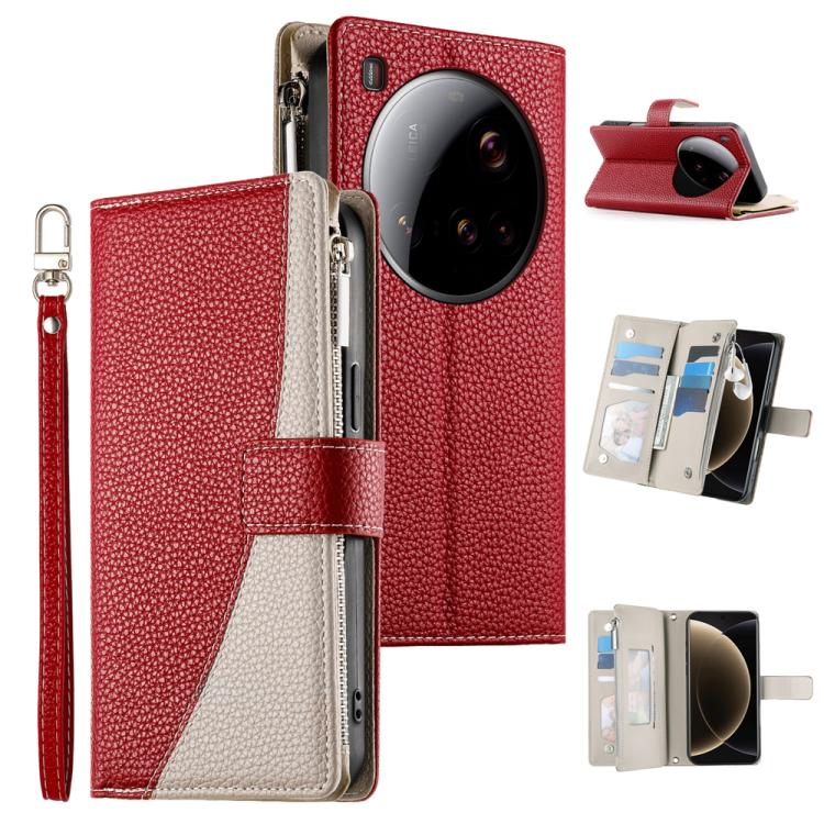Red leather phone wallet case with zipper, card slots, and short wrist strap.