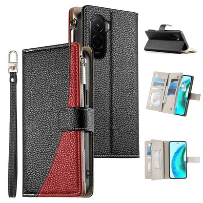 Leather folio wallet phone case with zipper, card slots, short strap; black with red accent.