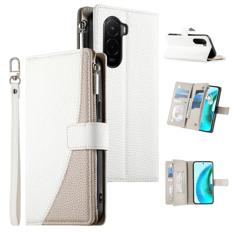 Leather folio wallet phone case with zipper pocket and card slots; white with gray side panel.