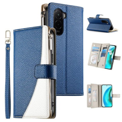 Leather folio wallet phone case with zipper pocket and card slots; blue with white side panel.