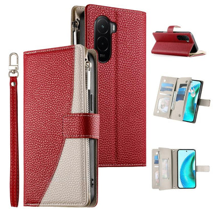 Leather folio wallet phone case with zipper pocket and card slots; red with white side panel.