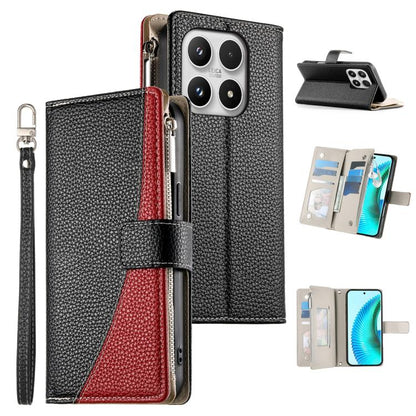 Black leather phone wallet case with zipper, multi-card slots, and wrist strap
