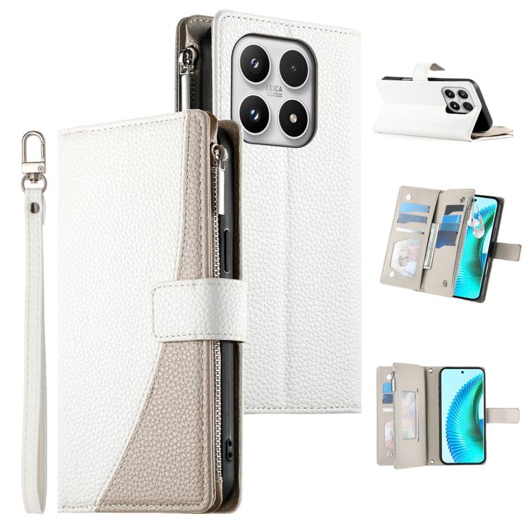 Leather folio wallet phone case with zipper, card slots, short strap; white with light-gray panel.