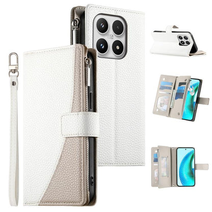Leather folio wallet phone case with zipper, card slots, short strap; white with light-gray panel.