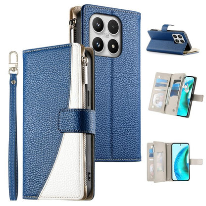 Leather folio wallet phone case with zipper, card slots, short strap; dark blue with white panel.