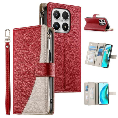 Leather folio wallet phone case with zipper, card slots, short strap; red with white panel.