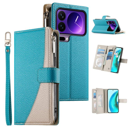 Teal leather phone wallet case with zipper, multi-card slots, and wrist strap