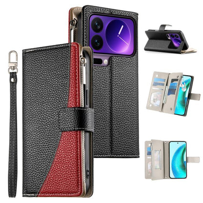 Dark leather phone wallet case with zipper, multi-card slots, and wrist strap