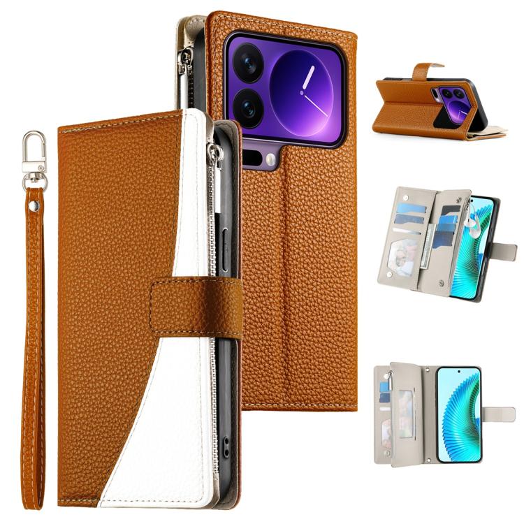 Brown leather phone wallet case with zipper, multi-card slots, and wrist strap