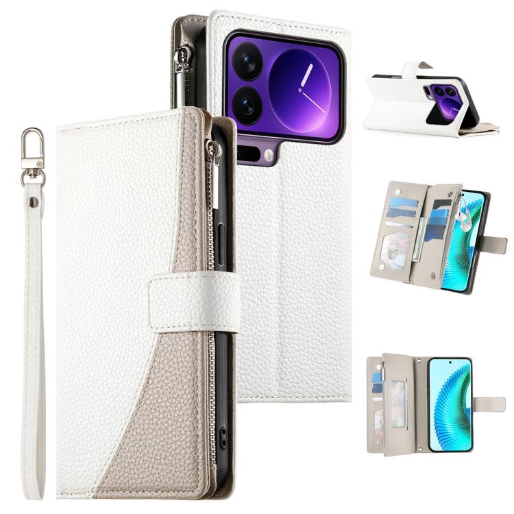 White leather phone wallet case with zipper, multi-card slots, and wrist strap