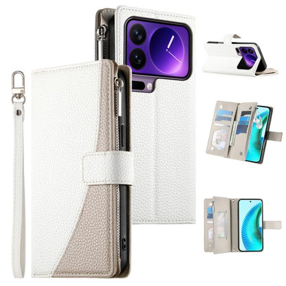 White leather phone wallet case with zipper, multi-card slots, and wrist strap