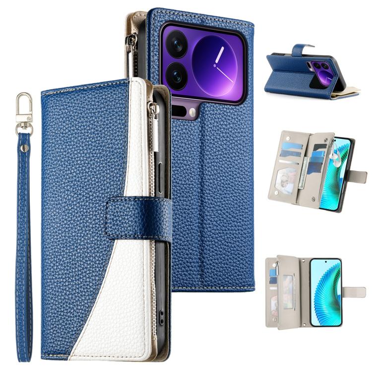 Blue leather phone wallet case with zipper, multi-card slots, and wrist strap