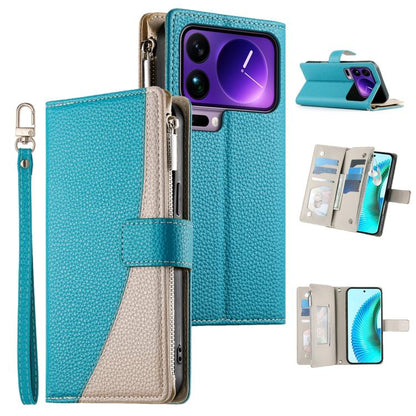 Teal and beige leather wallet phone case with zipper, card slots, and wrist strap