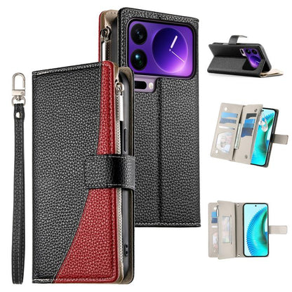 Black leather wallet phone case with zipper, card slots, and wrist strap; red panel