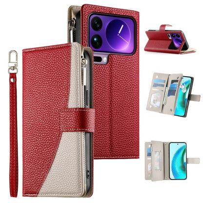 Red leather phone wallet case with zipper, multi-card slots, and wrist strap