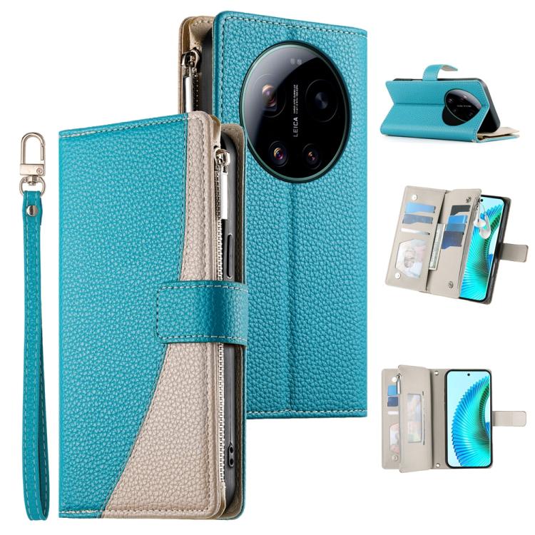 Blue and beige leather wallet phone case with zipper, card slots, and wrist strap