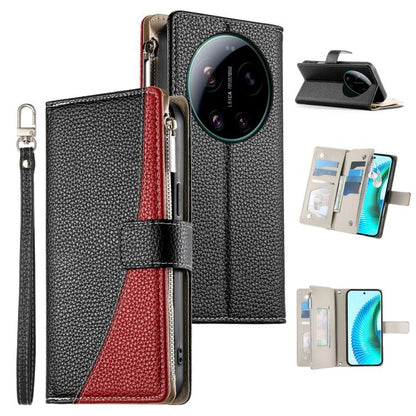 Black leather wallet phone case with zipper, card slots, and wrist strap; red accent