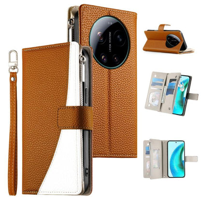 Brown leather wallet phone case with zipper, card slots, and wrist strap; white panel