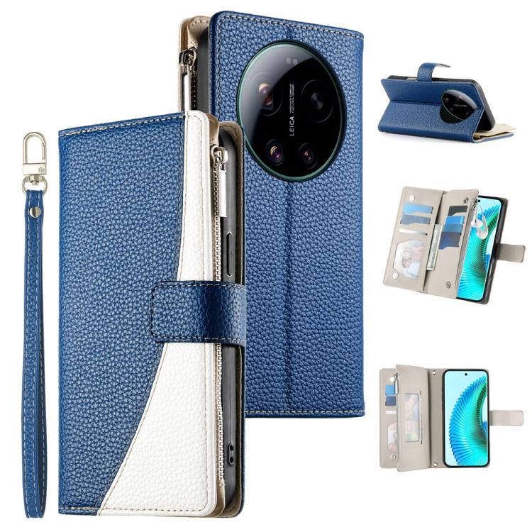 Dark blue leather wallet phone case with zipper, card slots, and wrist strap; white panel