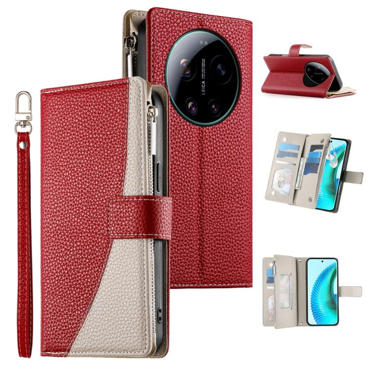 Red leather wallet phone case with zipper, card slots, and wrist strap; beige base