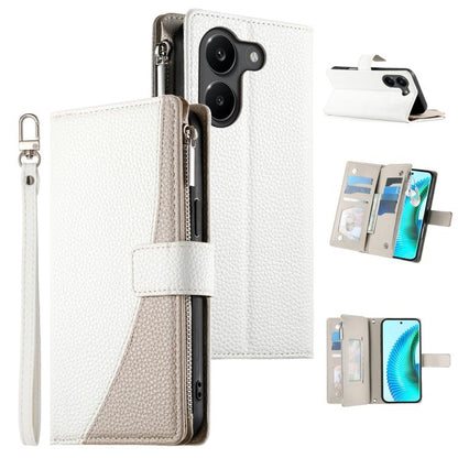 White leather phone wallet case with zipper, multi-card slots, wrist strap, and camera cutout