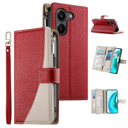 Red leather phone wallet case with zipper, multi-card slots, wrist strap, and camera cutout
