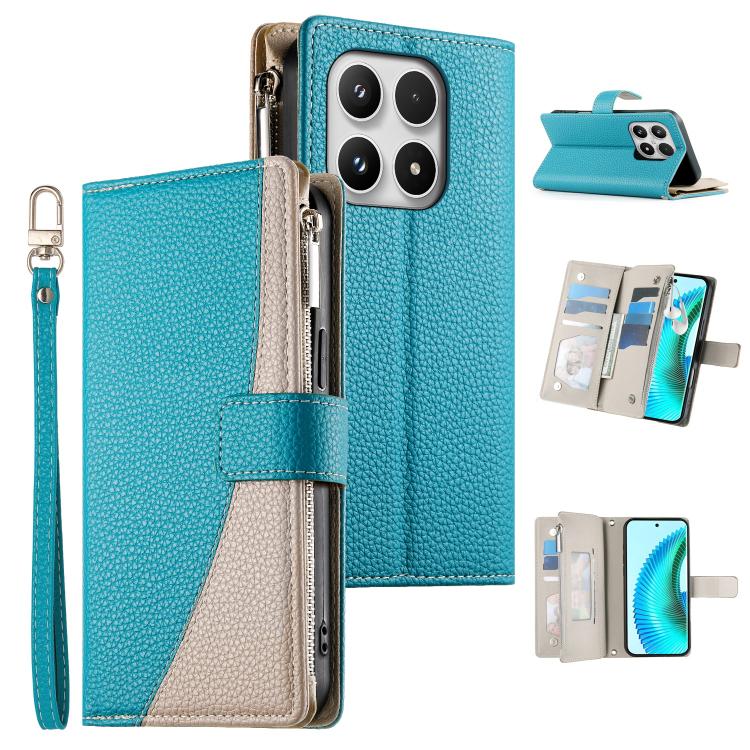 Blue leather phone wallet case with zipper, card slots, and wrist strap