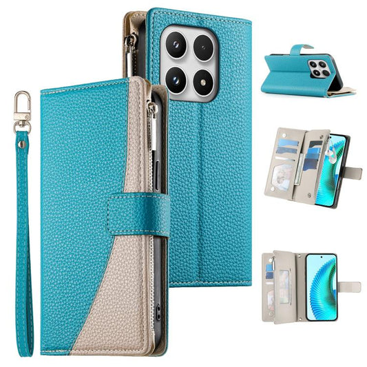 Blue leather phone wallet case with zipper, card slots, and wrist strap