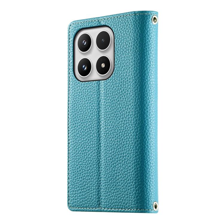 Blue textured leather phone wallet case with camera cutouts and zipper edge