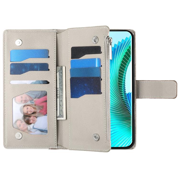 Blue and beige leather phone wallet case open to card slots and photo window