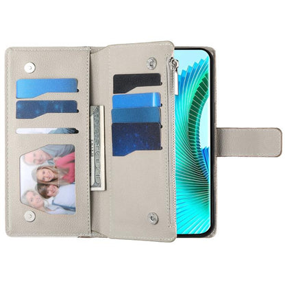 Blue and beige leather phone wallet case open to card slots and photo window