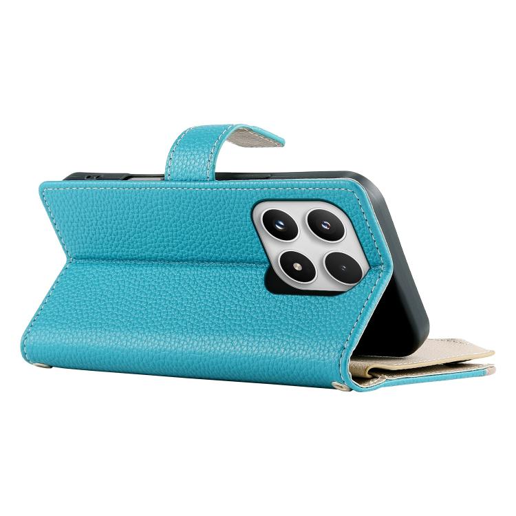Blue leather phone wallet case with fold cover and card slots, side view